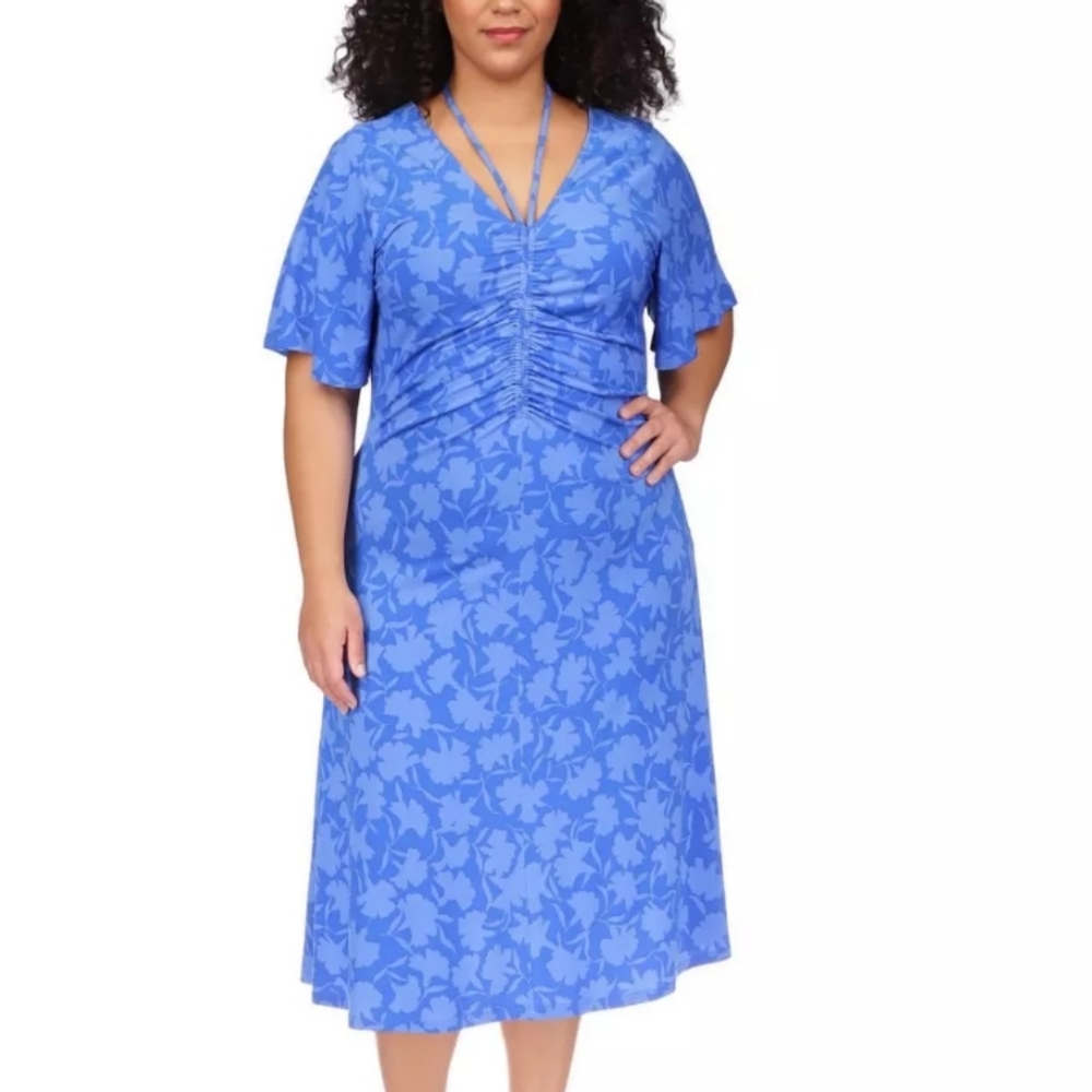 Michael Kors Women's Flutter Sleeve Ruched Floral Midi Dress, Grecian Blue, 3X